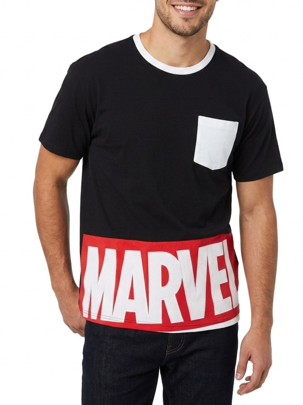 NWT Marvel Crewneck Pocket Tee Black Short Sleeve Logo Sz L
